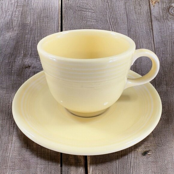 Fiesta Fiestaware Ceramic Teacup And Saucer Set Ivory Yellow Homer Laughlin VTG - Picture 1 of 16